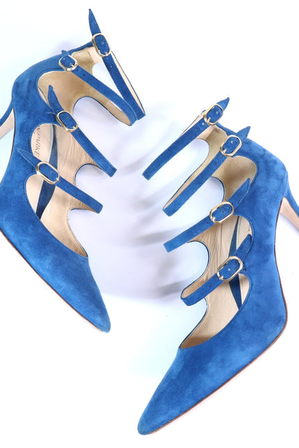MARION PARKE Mitchell Blue Suede Caged Heel Multi Buckle Women's 36/US 6