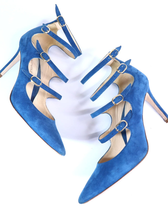 MARION PARKE Mitchell Suede Caged Heel Blue Multi Buckle Women's 36/US 6