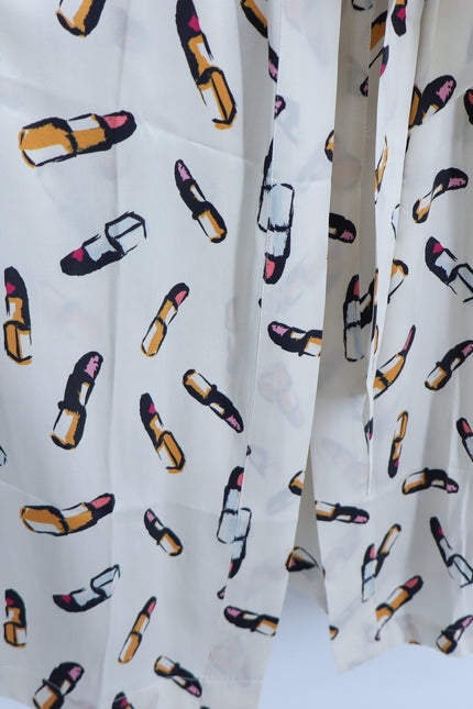 RECLINER Silk Lipstick Print Robe Midi Ivory Loungewear Luxury Satin Women's S