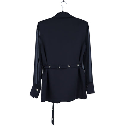 Eureka Babylon Black Satin Belted Blazer Sheer Mesh Long Sleeve Women's 42/US 6