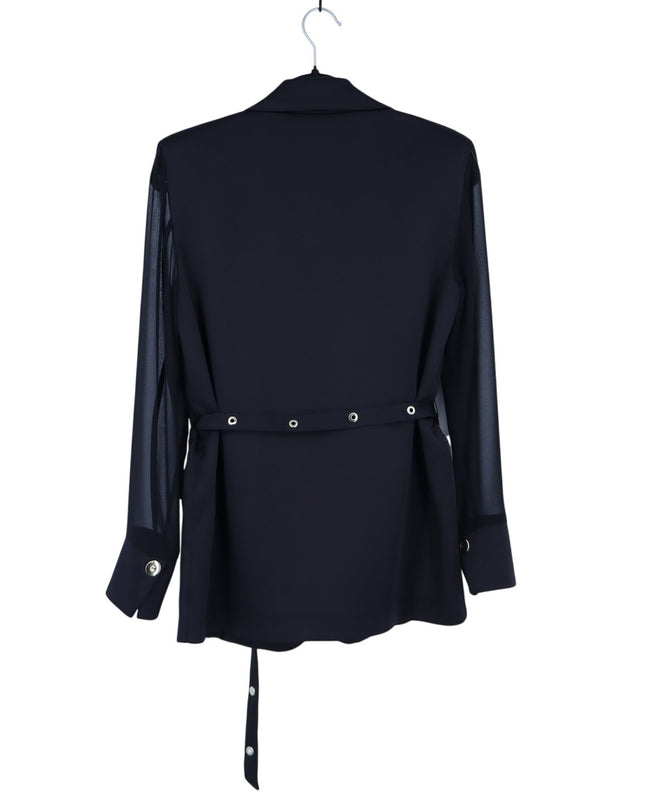 Eureka Babylon Black Satin Belted Blazer Sheer Mesh Long Sleeve Women's 42/US 6