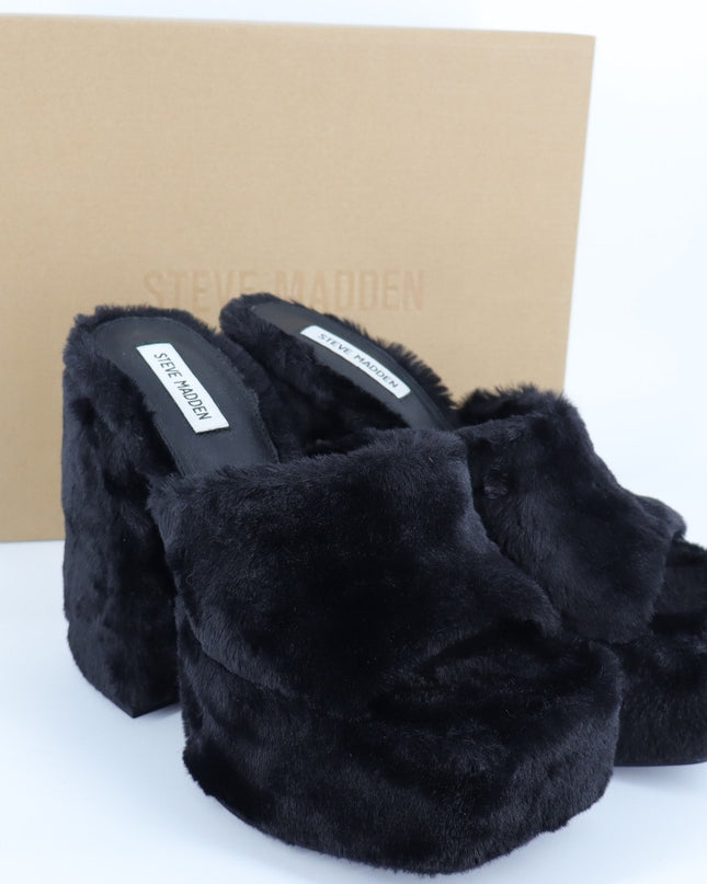 Steve Madden Trixie Faux Fur Heeled Sandals Black Platform Slip On Women's 10M