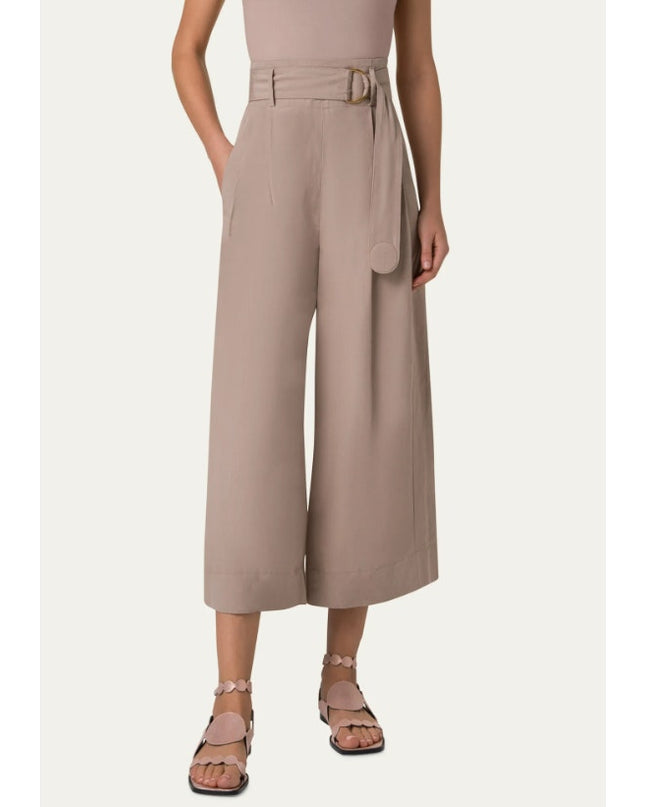 AKRIS PUNTO Fiorella Belted Pants Dark Olive Cropped Wide-Leg Linen Women's 16