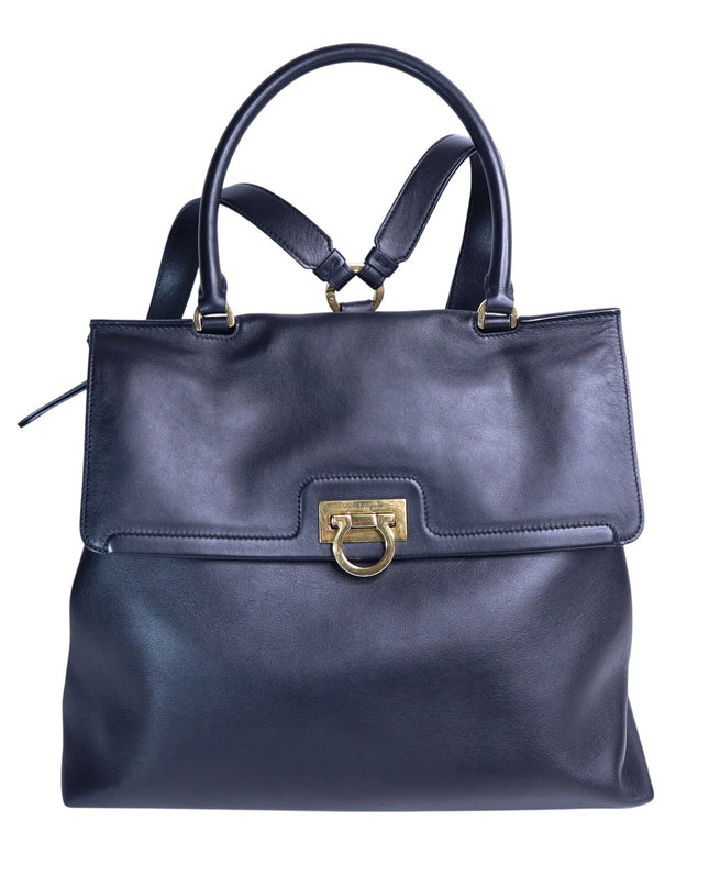 SALVATORE FERRAGAMO Trifolio Leather Backpack Black Top Handle Convertible