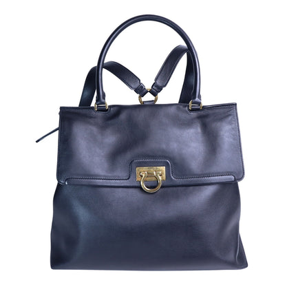 SALVATORE FERRAGAMO Trifolio Leather Backpack Black Top Handle Convertible