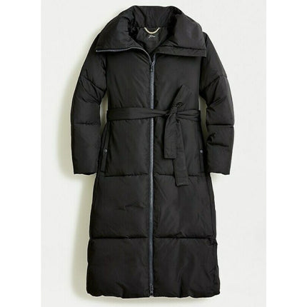 J. Crew Long Belted Puffer Coat Black Hooded Full Zip PrimaLoft Women's XXS