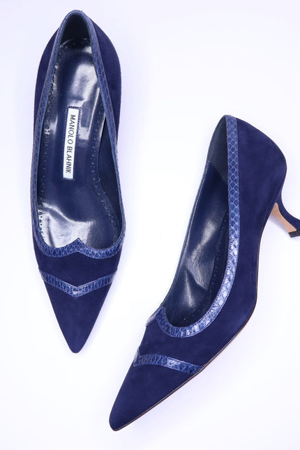 MANOLO BLAHNIK Monda Snake and Suede Pumps Navy Pointed Toe Heel Women's 38