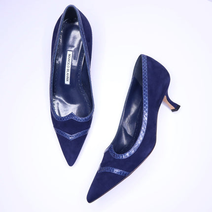 MANOLO BLAHNIK Monda Snake and Suede Pumps Navy Pointed Toe Heel Women's 38