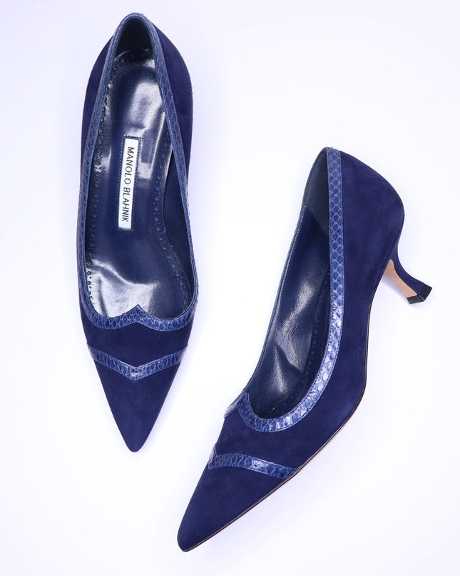 MANOLO BLAHNIK Monda Snake and Suede Pumps Navy Pointed Toe Heel Women's 38