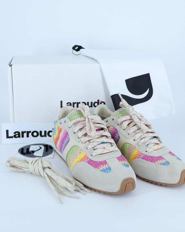 Larroude Stella Sneakers NIB Rainbow Raffia Mushroom Grey Suede Women's 7