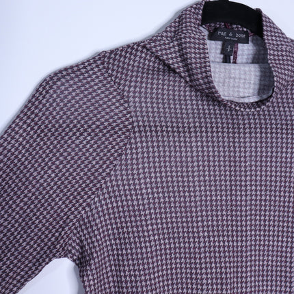 Rag & Bone Shaw Turtleneck Top Paneled Houndstooth Maroon Long Sleeve Women's S
