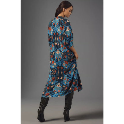 FARM Rio Arabesque Floral Midi Dress Blue Wrap Tie Puff Sleeve Women's S
