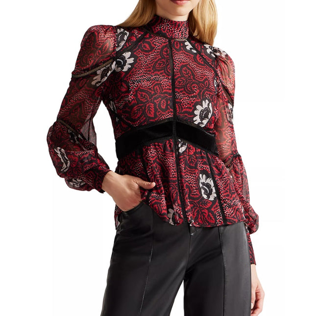 Ted Baker Alexxei Blouse Ladder and Velvet Trim Red Black Long Sleeve Women's 2