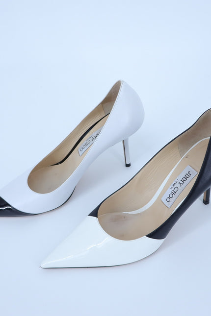 JIMMY CHOO Love 85 Asymmetric Pumps White Black Pointed Toe Women's 40.5/US 10.5