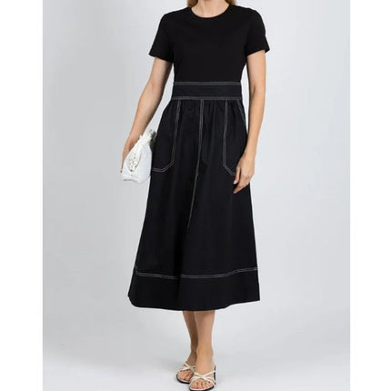 Elliott Lauren Knit Woven Combo Dress Black Contrast Stitch Midi Women's XS