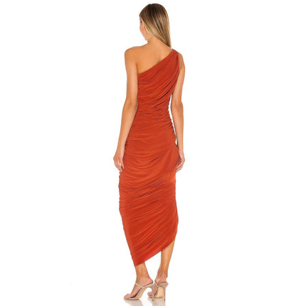 NORMA KAMALI Diana Ruched Gown Cinnamon Orange Midi Dress Women's L/40