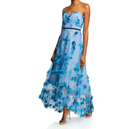 MARCHESA NOTTE 3D Floral Formal Dress Blue Strapless Women's 6