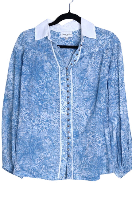 MISS JUNE Mona Button Up Blouse Blue Printed Cotton Short Sleeve Women's S/M