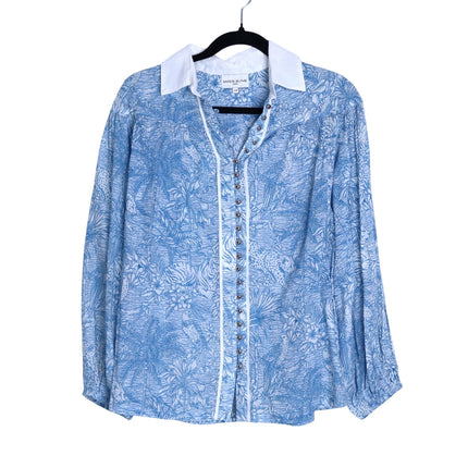 MISS JUNE Mona Button Up Blouse Blue Printed Cotton Short Sleeve Women's S/M