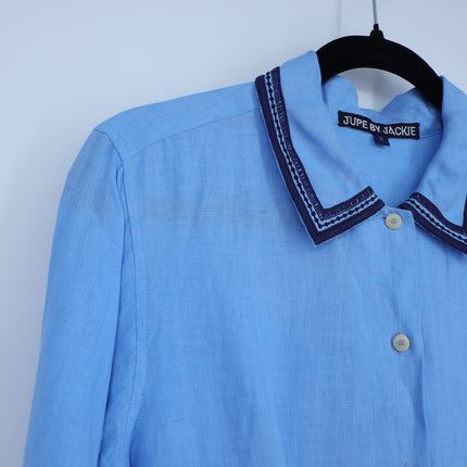 Jupe by Jackie Hand Embroidered Linen Shirt Blue Button Up Long Sleeve Women's L