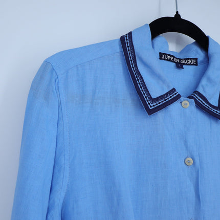 Jupe by Jackie Hand Embroidered Linen Shirt Blue Button Up Long Sleeve Women's L