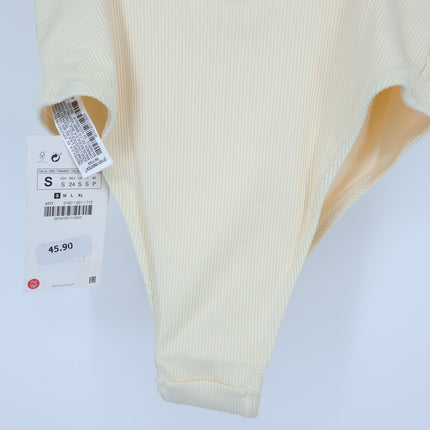 Zara Ribbed One Piece Swimsuit Butter Yellow NWT Plunge Neck High Hip Women's S