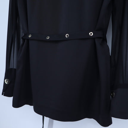 Eureka Babylon Black Satin Belted Blazer Sheer Mesh Long Sleeve Women's 42/US 6