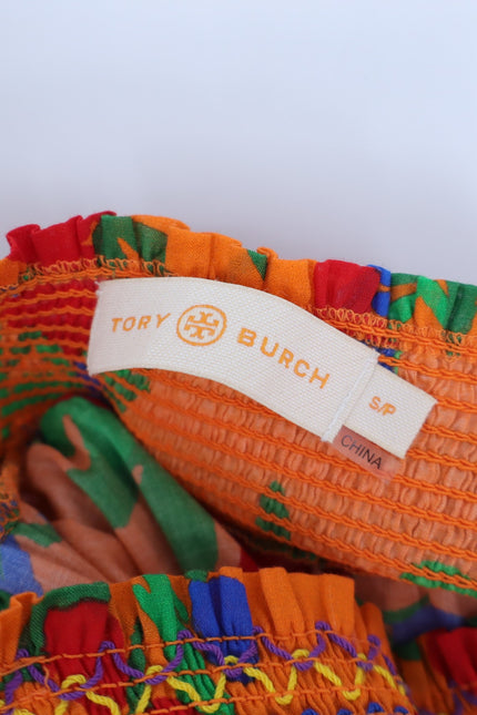 TORY BURCH Printed Smocked Dress Orange Floral Floral Tie Strap Women's S