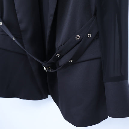 Eureka Babylon Black Satin Belted Blazer Sheer Mesh Long Sleeve Women's 42/US 6