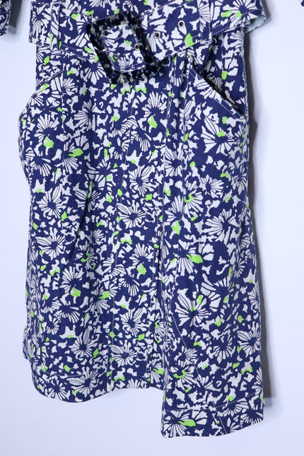 TANYA TAYLOR Coral Floral Linen Mini Dress Blue Belted Puff Sleeve Women's 4