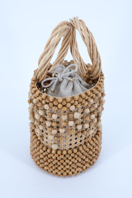 ROSANTICA Wicker and Bead Bucket Bag MSRP $2448 Natural Brown Raffia Boho