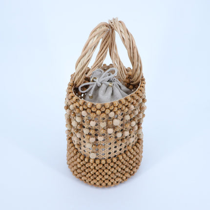 ROSANTICA Wicker and Bead Bucket Bag MSRP $2448 Natural Brown Raffia Boho