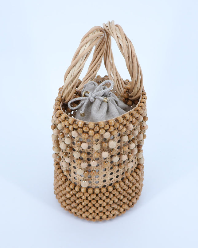 ROSANTICA Wicker and Bead Bucket Bag MSRP $2448 Natural Brown Raffia Boho