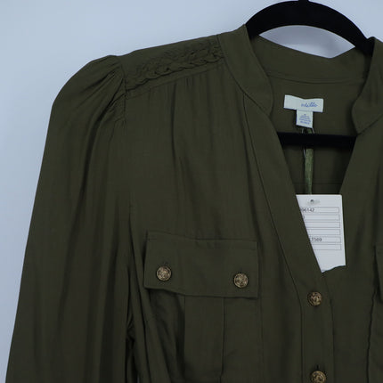 Odille Facile Camp Shirt Olive Green Belted Popover Tunic Long Sleeve Women's 4
