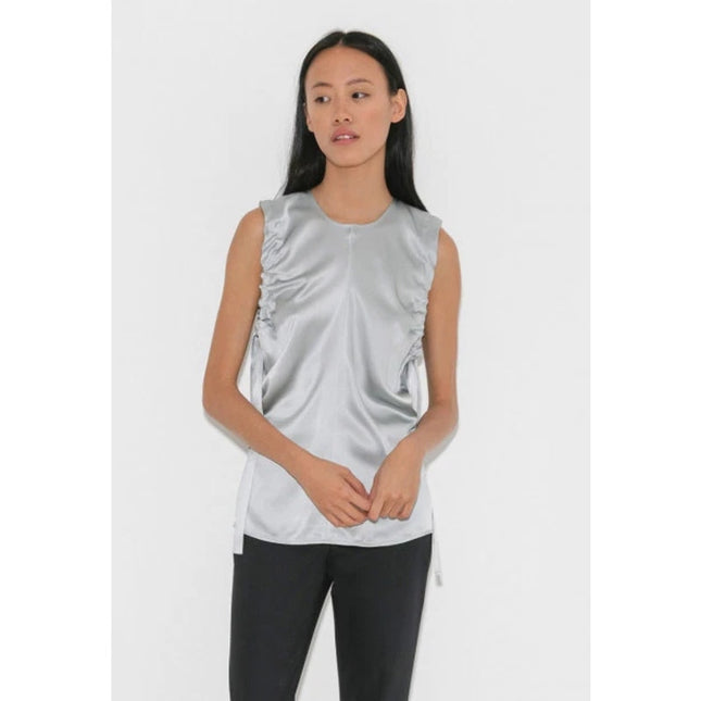Helmut Lang Silk Sleeveless Blouse Silver Ruched Armhole Lightweight Women's S