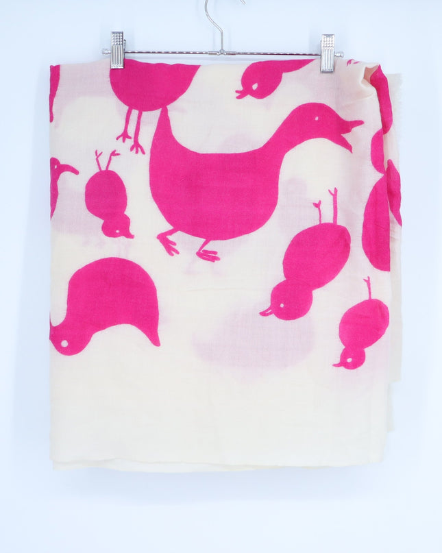 VIRGINA JOHNSON Duck Print Wool Scarf Ivory and Pink Woven Shawl Wrap