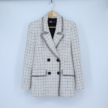 Zara Double Breasted Textured Jacket Ecru Black Tweed Long Sleeve Women's M