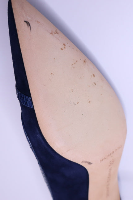 MANOLO BLAHNIK Monda Snake and Suede Pumps Navy Pointed Toe Heel Women's 38