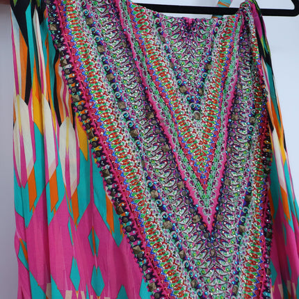 Camilla Printed Silk Maxi Dress Pink Turquoise High Neck Embellished Women's O/S