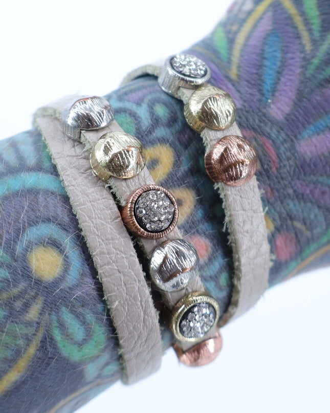 Leather Double Wrap Mixed Metal and CZ Bead Bracelet
