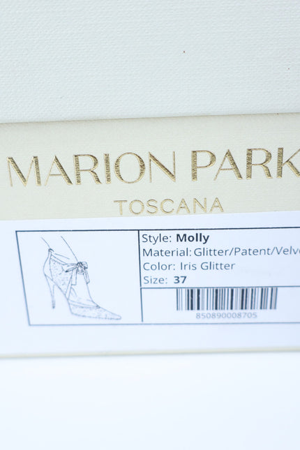 MARION PARKE Molly Glitter Heel Pumps Blue Iris NIB Pointed Toe Women's 37/US 7