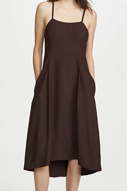 VINCE Strappy Crepe Tank Dress Brown Adjustable Tie Back Pockets Women's M