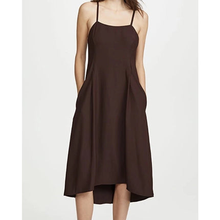 VINCE Strappy Crepe Tank Dress Brown Adjustable Tie Back Pockets Women's M