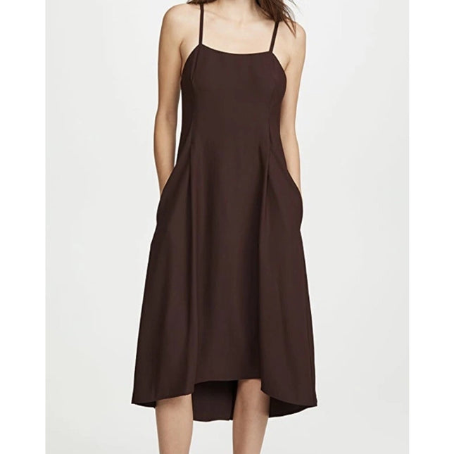 VINCE Strappy Crepe Tank Dress Brown Adjustable Tie Back Pockets Women's M