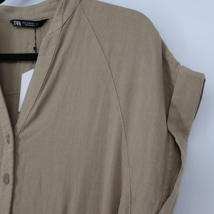 Zara Linen Blend Midi Dress Beige NWT Half Button Pullover Women's XS