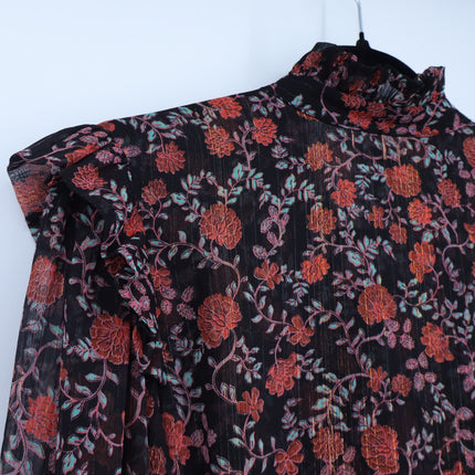 Misa Analeigh Floral Blouse Black Ruffled Button Up Long Sleeve Top Women's XS
