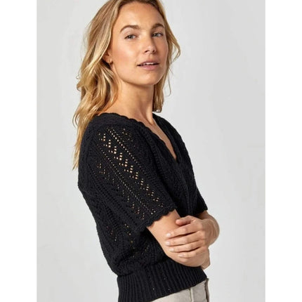 Alp n Rock Eileen Sweater Black V Neck Pointelle Knit Pullover Women's S