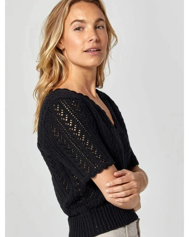 Alp n Rock Eileen Sweater Black V Neck Pointelle Knit Pullover Women's S