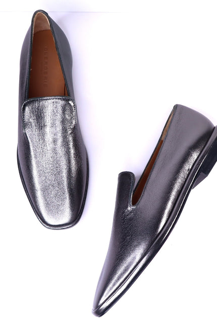 CLERGERIE Olympia Leather Smoking Loafers Pewter Metallic Flats Women's 39.5