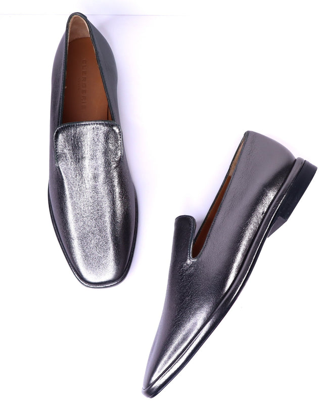 CLERGERIE Olympia Leather Smoking Loafers Pewter Metallic Flats Women's 39.5